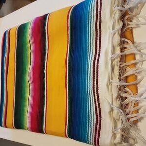 Mexican Serape Blanket Tablecloth Multicolor Fringed Vintage